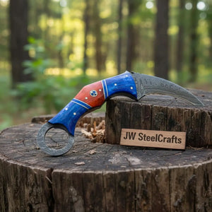 Damascus Karambit Knife with Blue Wood Handle, Finger Ring, and Sheath by JW SteelCrafts, leather knife sheath detail photo 2