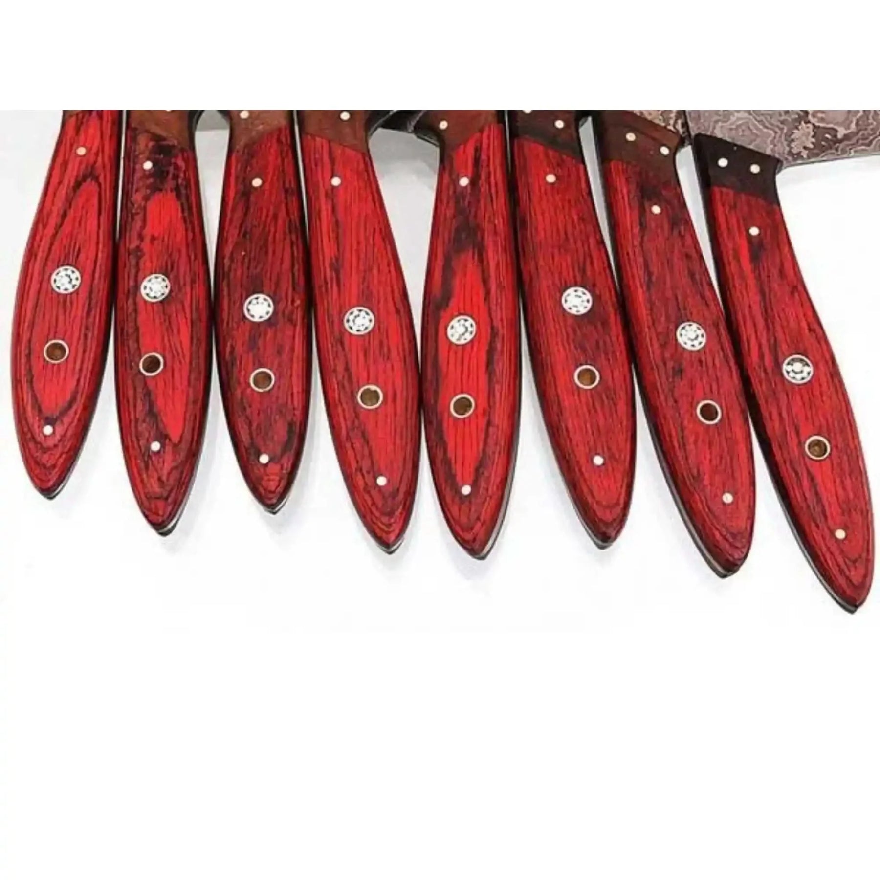 8 Piece Damascus Knife Set with Red Pakka Handles and Leather Roll detail view by JW SteelCrafts