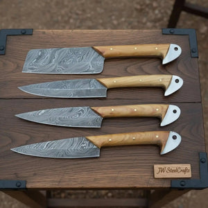 Damascus Kitchen Knife Set of 4 - Hand-Forged Full Tang Blades by JW SteelCrafts, Damascus knife detail photo 3