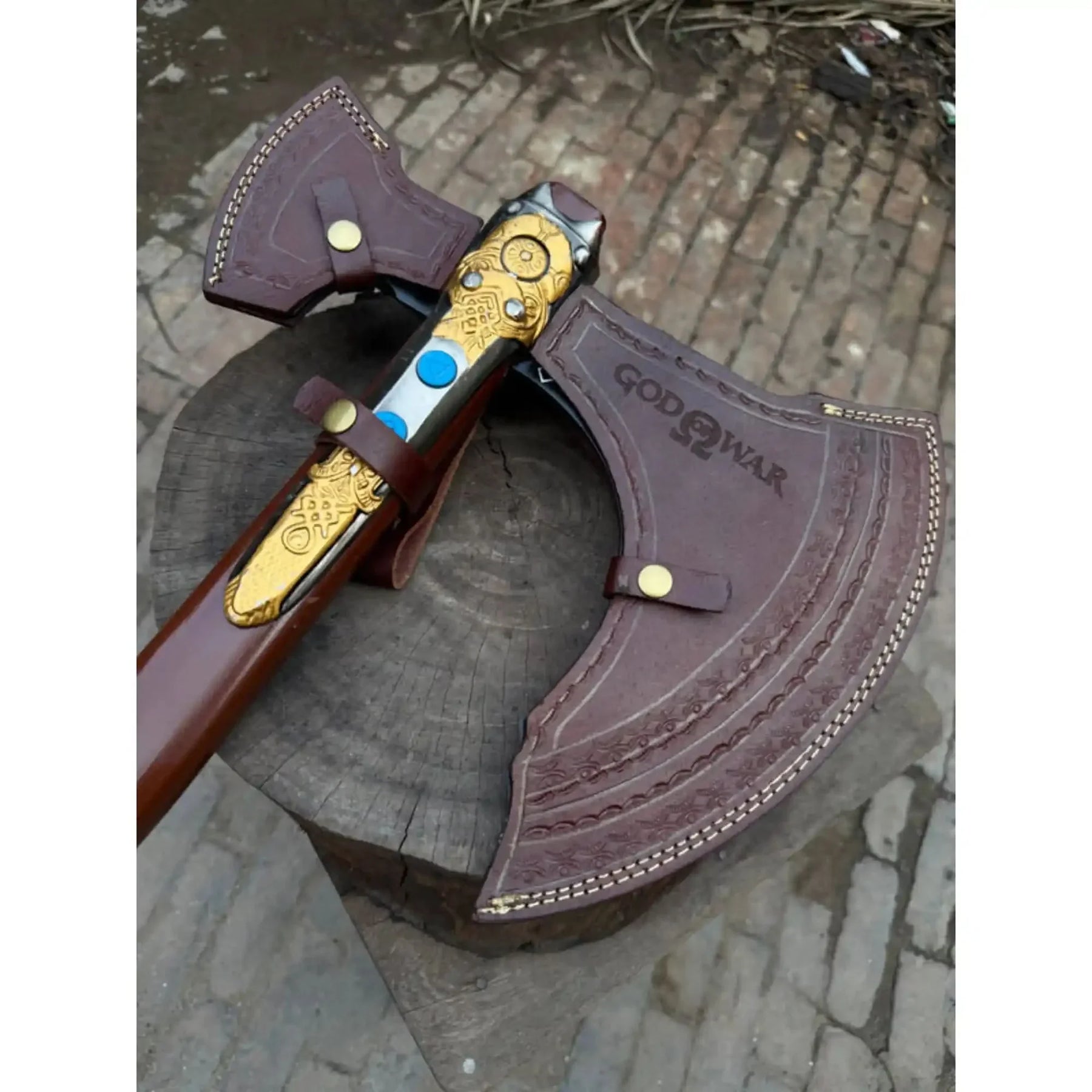 Hand Forged Viking Fantasy Double-Bit Axe with Norse Engraving, Gold Handle Fittings and Blue Gemstone Inlays by JW SteelCrafts, handmade jewelry detail photo 11