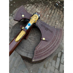 Hand Forged Viking Fantasy Double-Bit Axe with Norse Engraving, Gold Handle Fittings and Blue Gemstone Inlays by JW SteelCrafts, handmade jewelry detail photo 11