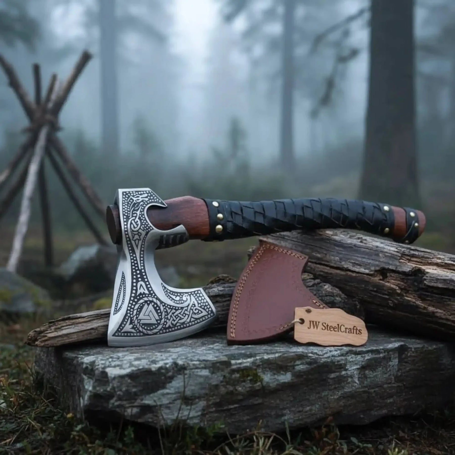 Norse Engraved Camp Hatchet with Leather Wrapped Handle and Belt Sheath | JW SteelCrafts by JW SteelCrafts, leather knife sheath detail photo 5