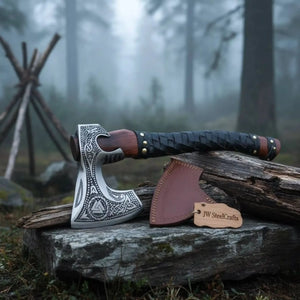 Norse Engraved Camp Hatchet with Leather Wrapped Handle and Belt Sheath | JW SteelCrafts by JW SteelCrafts, leather knife sheath detail photo 5