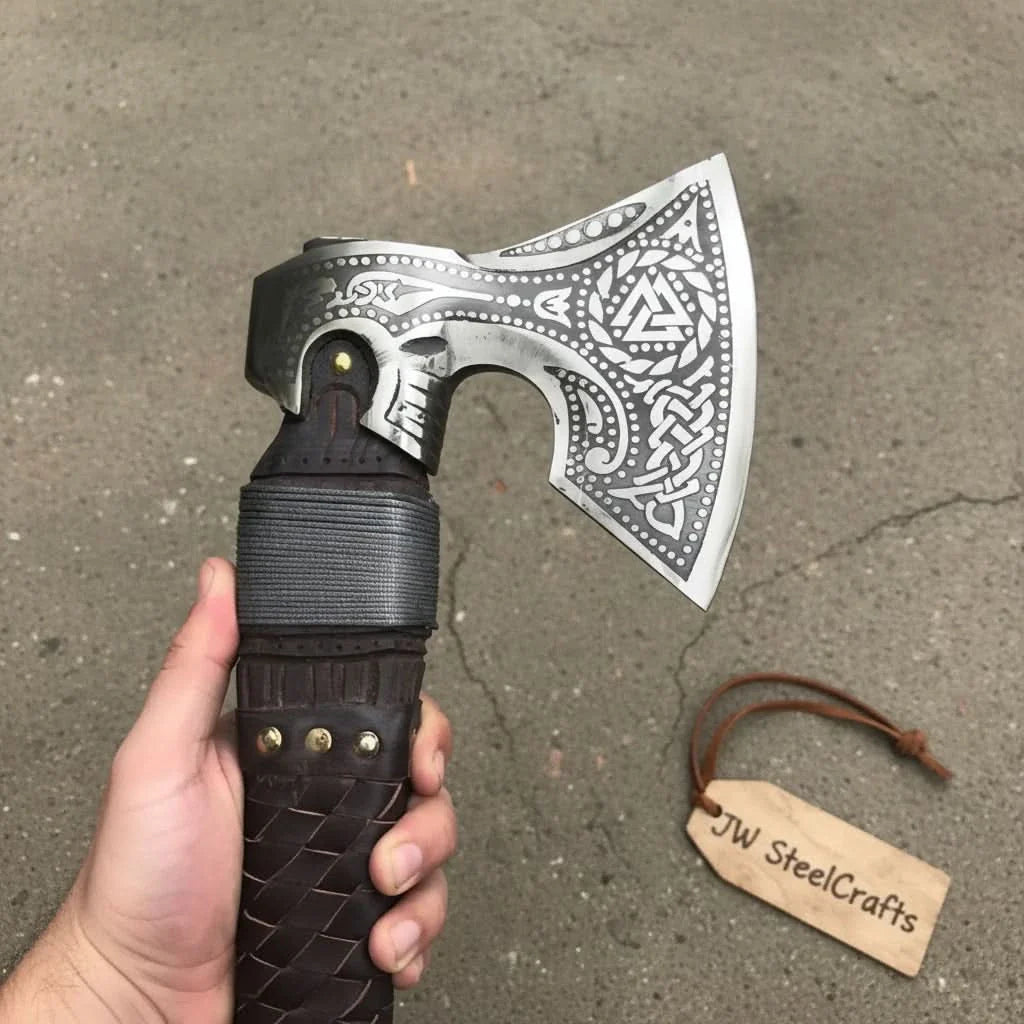 Viking Style Engraved Axe | Handcrafted Leather Wrapped Handle by JW SteelCrafts, handmade axe detail photo 3