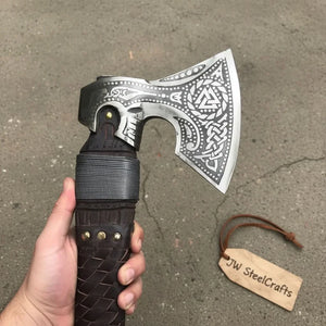 Viking Style Engraved Axe | Handcrafted Leather Wrapped Handle by JW SteelCrafts, handmade axe detail photo 3