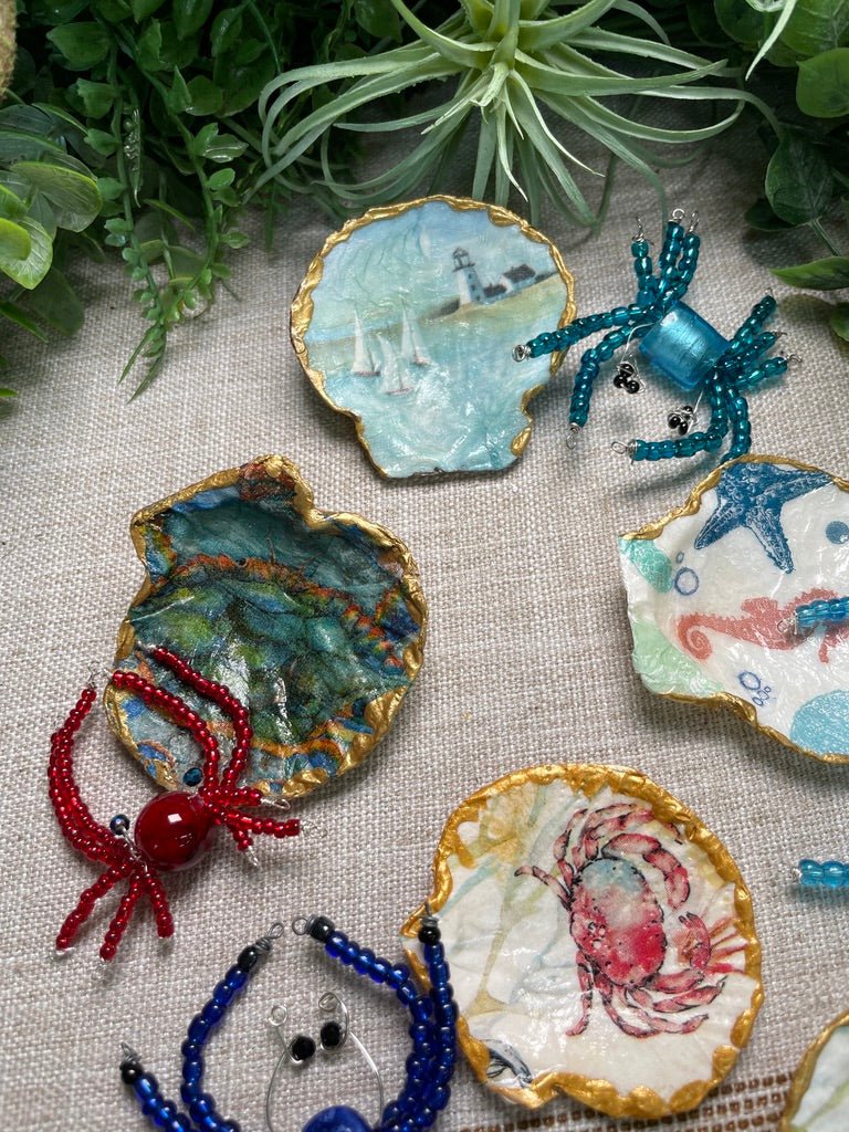Decoupage Shell and Beaded Crab Set detail view by Copper Ashes