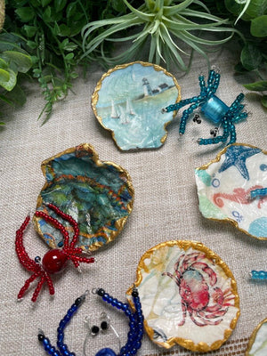 Decoupage Shell and Beaded Crab Set detail view by Copper Ashes