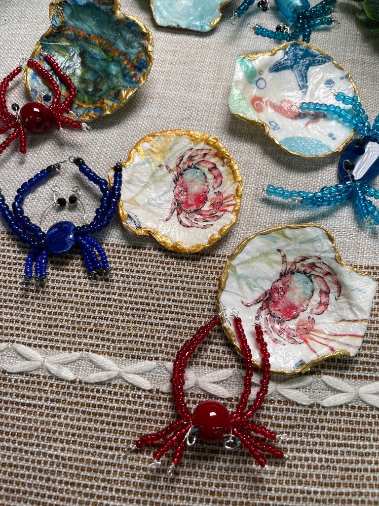 Decoupage Shell and Beaded Crab Set detail view by Copper Ashes