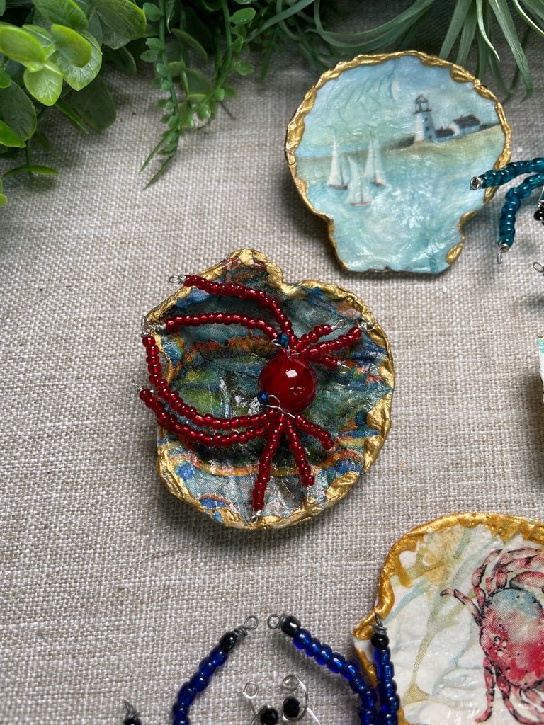 Decoupage Shell and Beaded Crab Set detail view by Copper Ashes