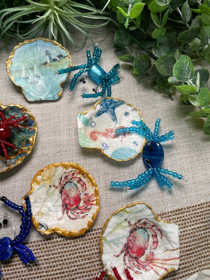 Decoupage Shell and Beaded Crab Set detail view by Copper Ashes