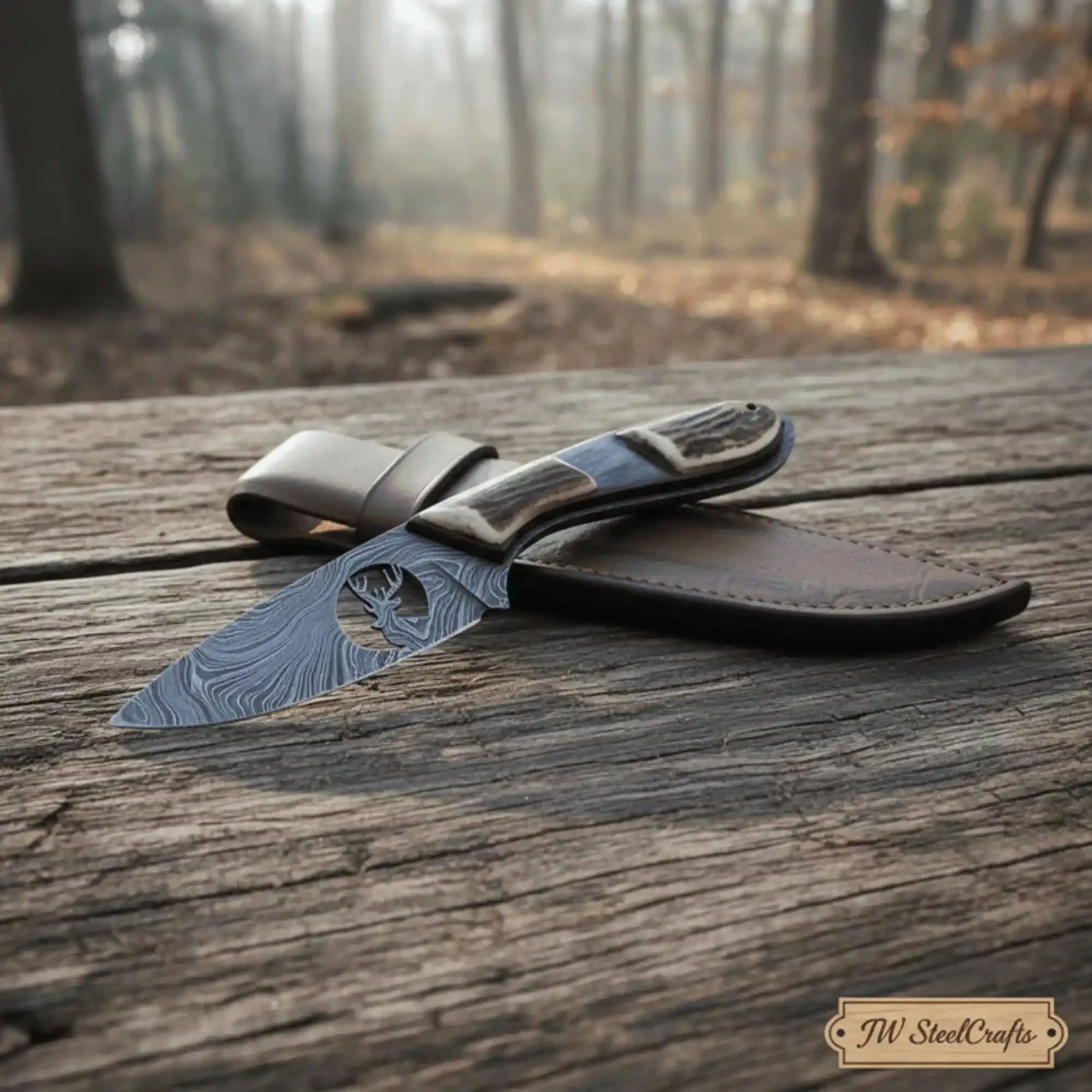 Damascus Skinner Knife Stag Handle 6.5” Fixed Blade by JW SteelCrafts, Damascus knife main product photo