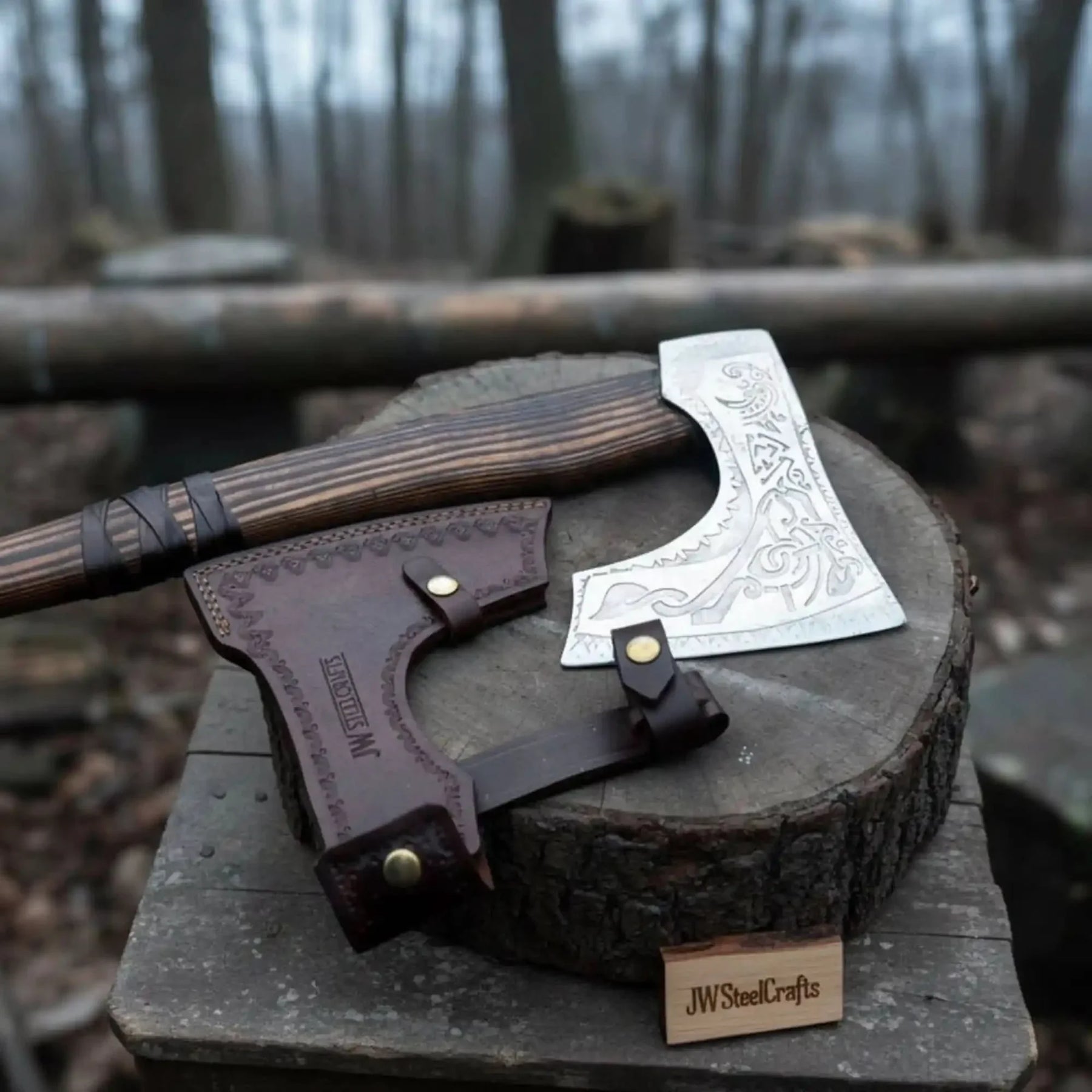 Engraved Carbon Steel Ragnar Axe with Bearded Head detail view by JW SteelCrafts