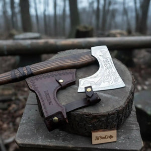 Engraved Carbon Steel Ragnar Axe with Bearded Head detail view by JW SteelCrafts