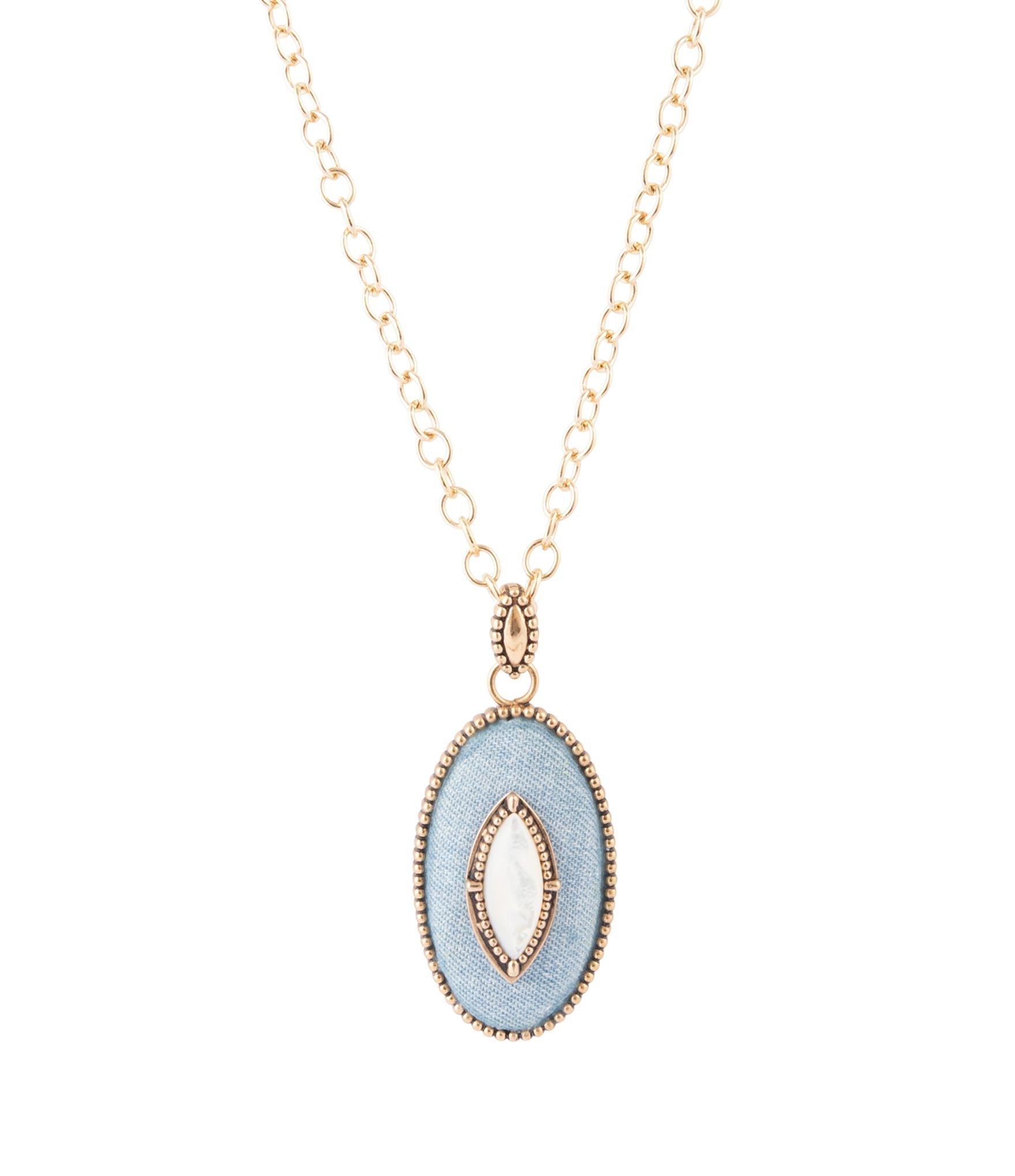 Blue Denim Dreams White Mother of Pearl Golden Pendant Necklace by Barse Jewelry