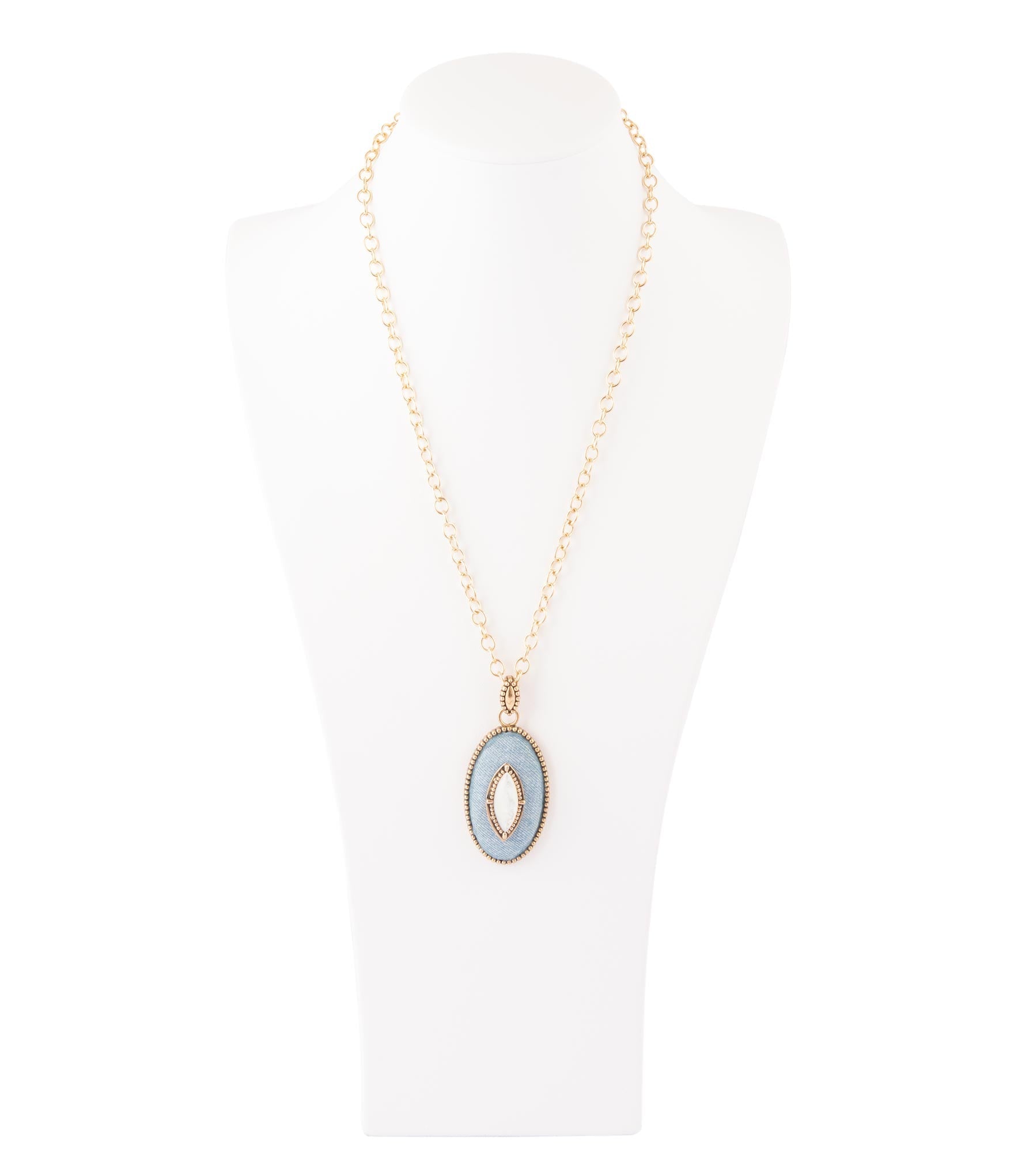 Blue Denim Dreams White Mother of Pearl Golden Pendant Necklace detail view by Barse Jewelry