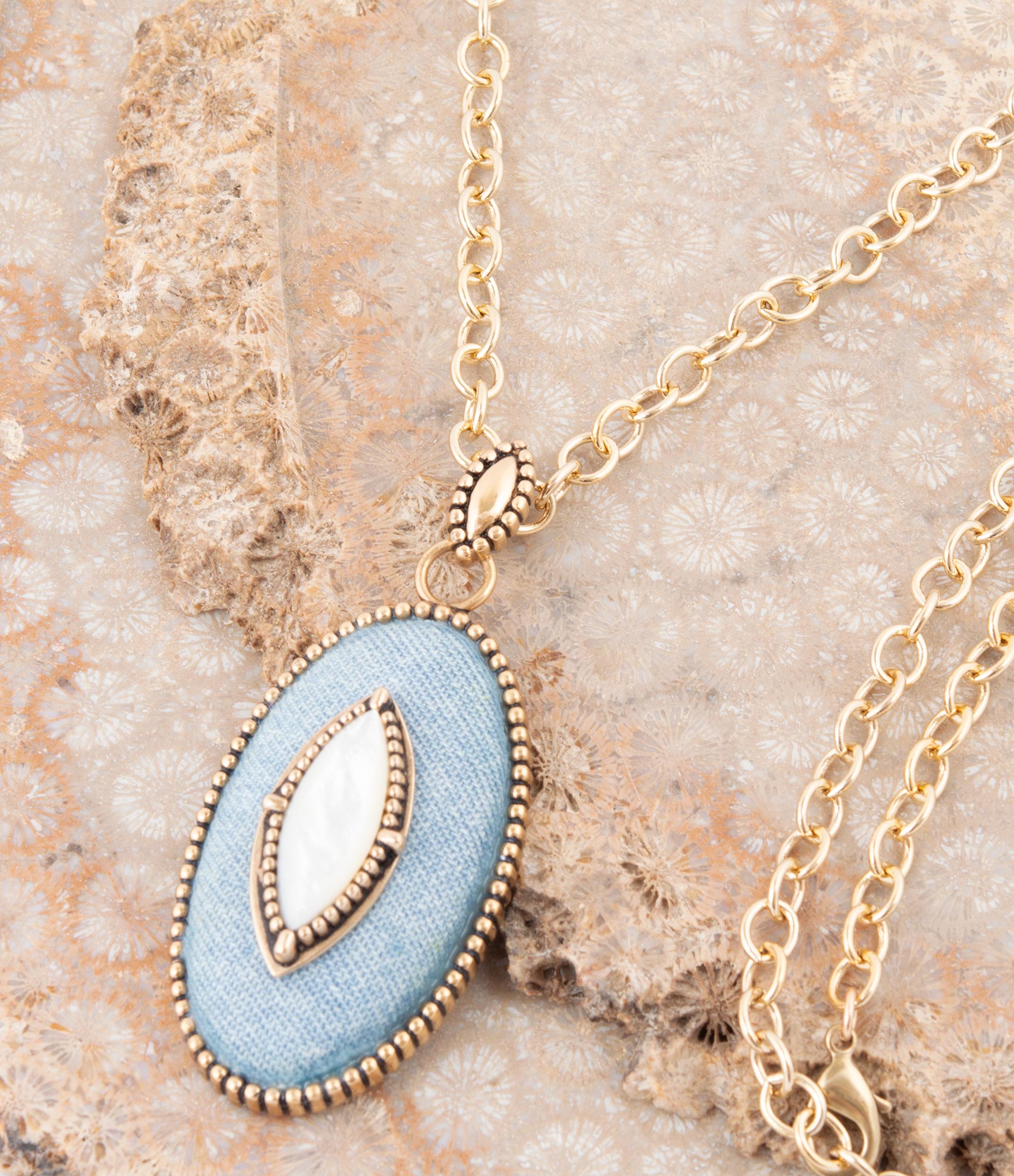 Blue Denim Dreams White Mother of Pearl Golden Pendant Necklace detail view by Barse Jewelry