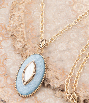 Blue Denim Dreams White Mother of Pearl Golden Pendant Necklace detail view by Barse Jewelry