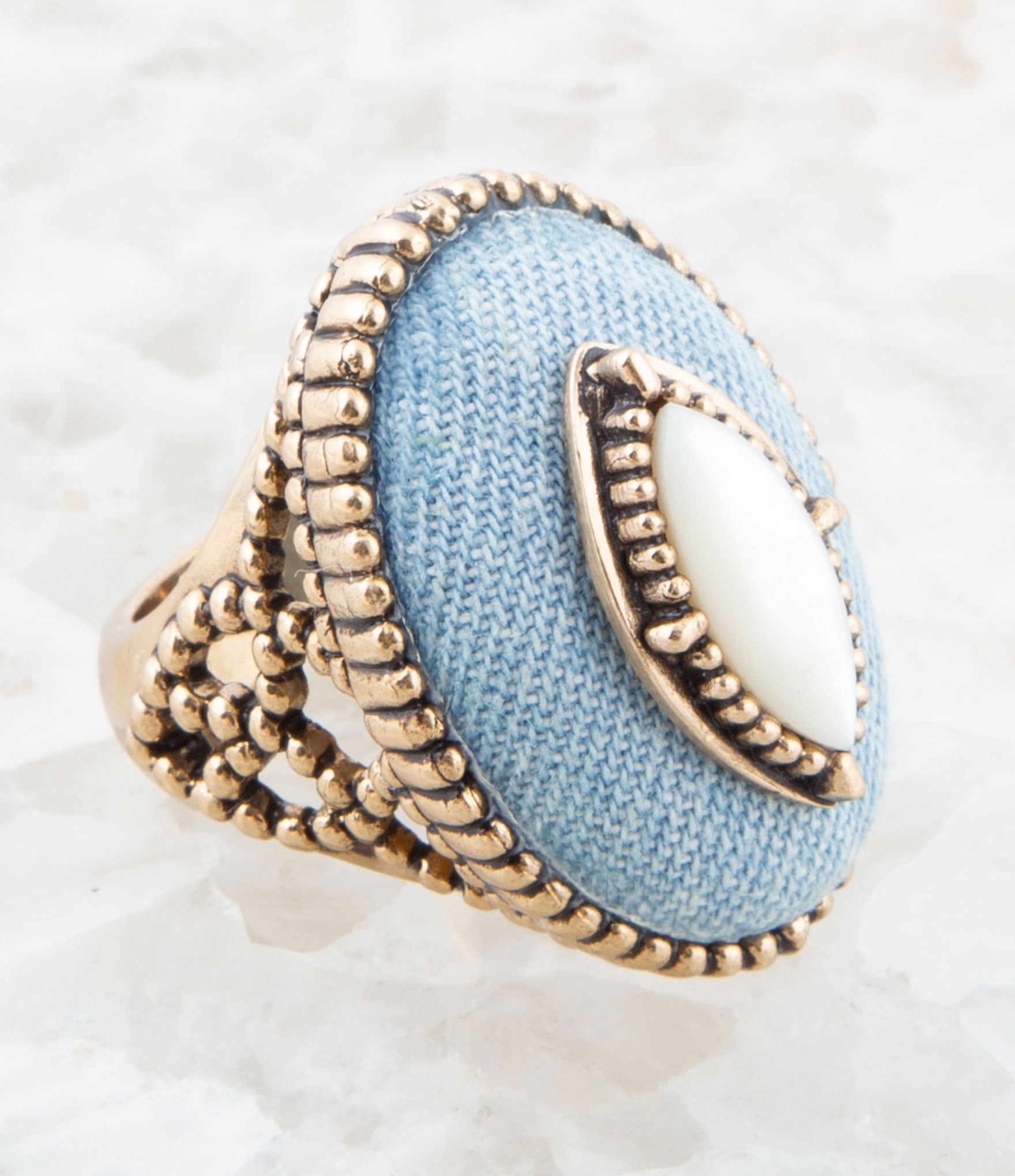Denim Dreams White Mother of Pearl Golden Statement Ring detail view by Barse Jewelry