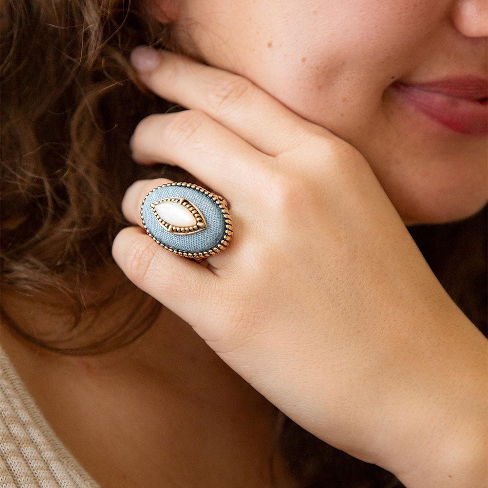 Denim Dreams White Mother of Pearl Golden Statement Ring detail view by Barse Jewelry