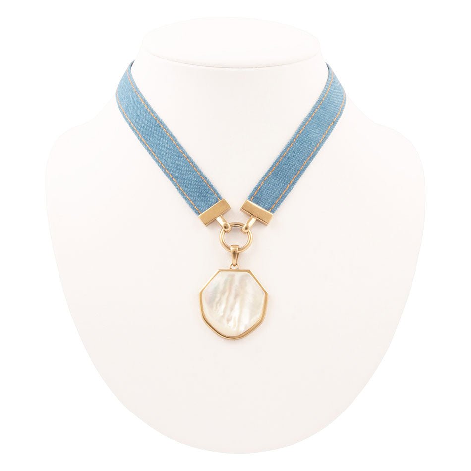 Blue Denim Dreams White Mother of Pearl Ribbon Golden Pendant Necklace detail view by Barse Jewelry