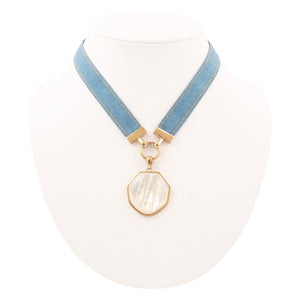 Blue Denim Dreams White Mother of Pearl Ribbon Golden Pendant Necklace detail view by Barse Jewelry