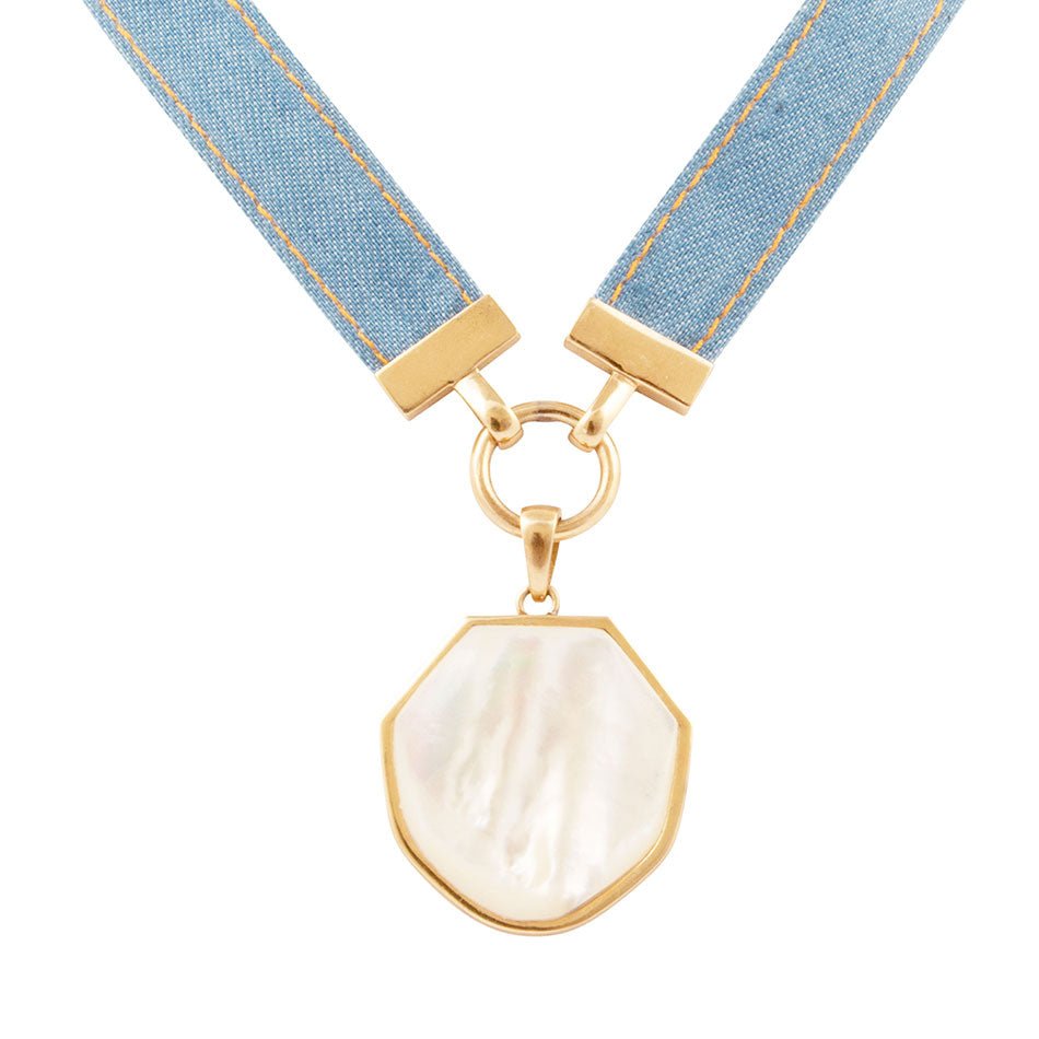 Blue Denim Dreams White Mother of Pearl Ribbon Golden Pendant Necklace by Barse Jewelry