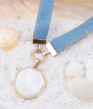Blue Denim Dreams White Mother of Pearl Ribbon Golden Pendant Necklace detail view by Barse Jewelry