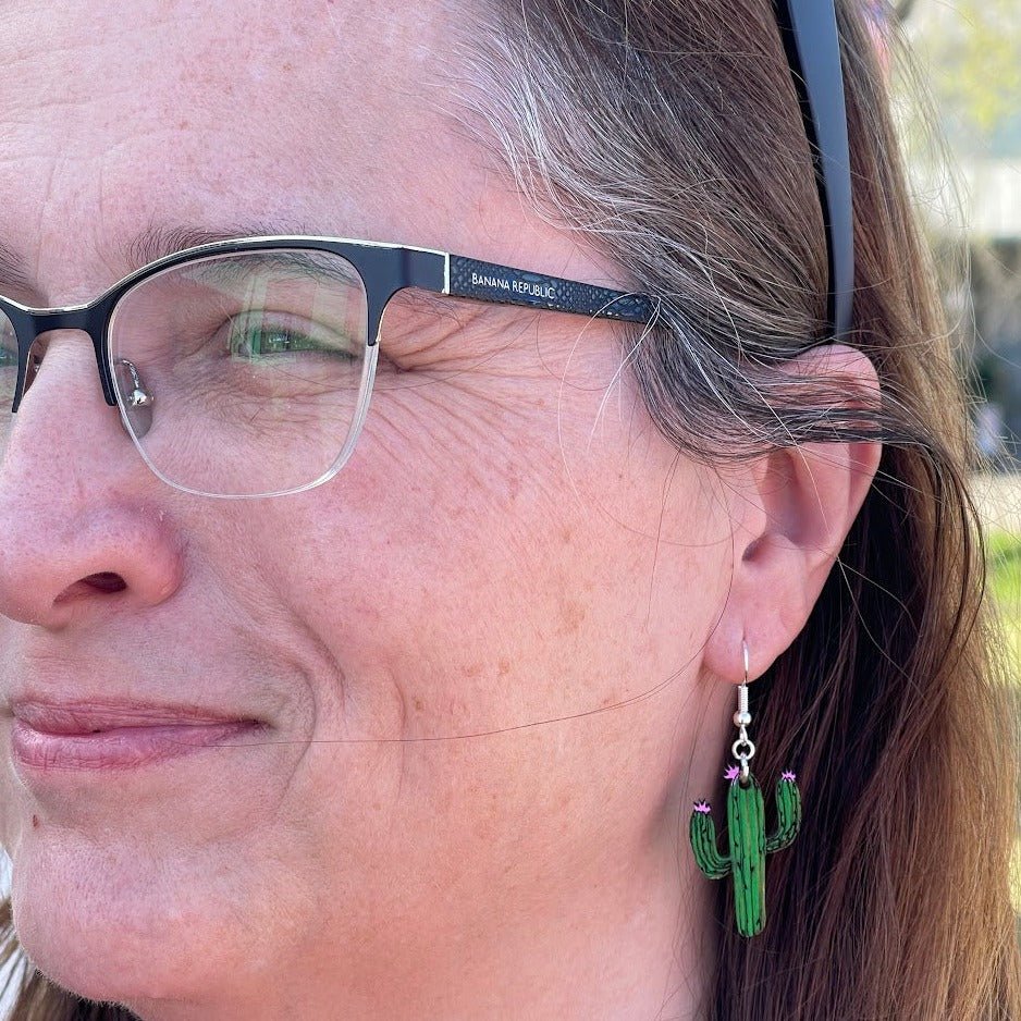 Desert Cactus Wooden Earrings | Southwest Plant Jewelry by Cate's Concepts, LLC, handmade jewelry detail photo 2