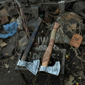 Norse Viking Axe Set with Engraved Steel Heads and Carved Hardwood Handles by JW SteelCrafts, Southern lifestyle apparel detail photo 3