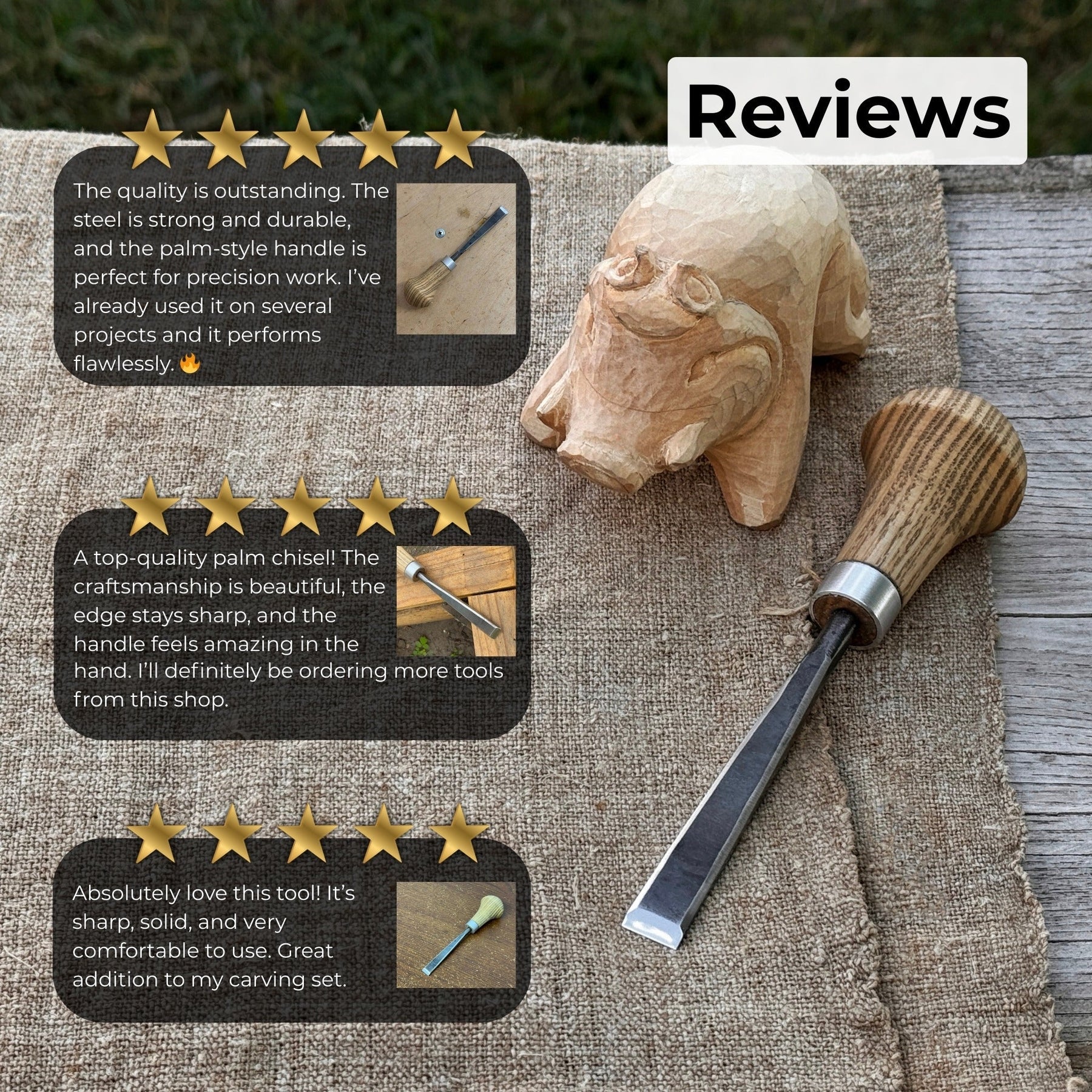 Detail Carving Chisel with Palm Handle, 10 mm (0.39 inches) detail view by Sharky Forged Steel Tools