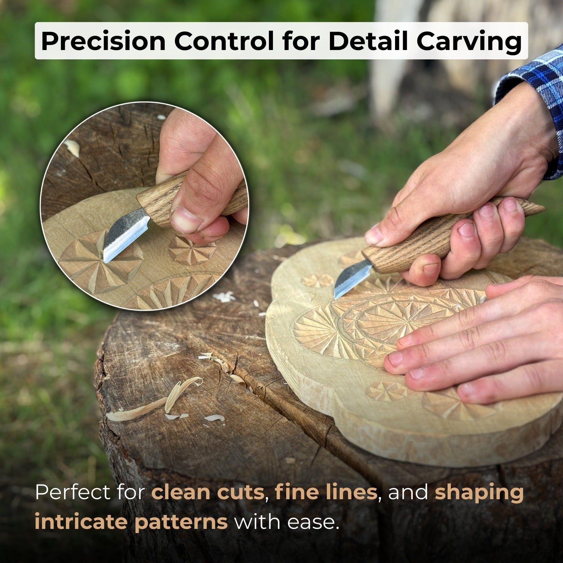 Detail Chip Carving Knife – Blade 3 cm (1.2 inches) detail view by Sharky Forged Steel Tools