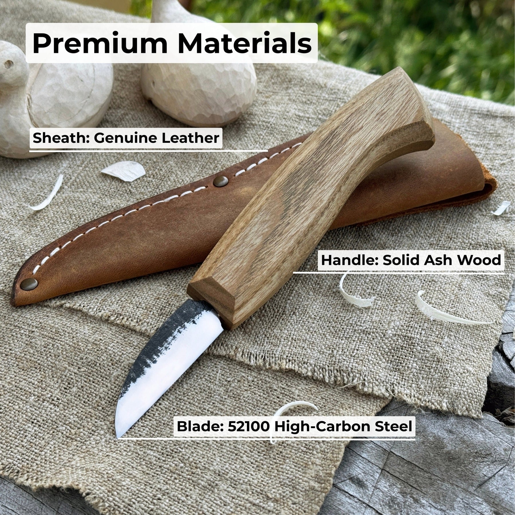 Detail Wood Carving Knife with Leather Sheath, Blade 5 cm (1.97 inches) detail view by Sharky Forged Steel Tools