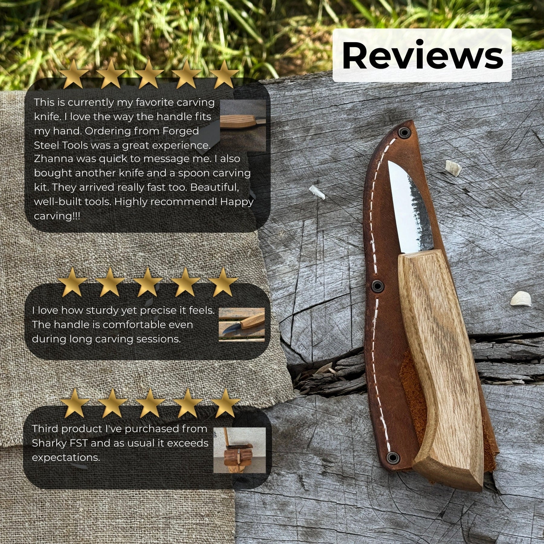 Detail Wood Carving Knife with Leather Sheath, Blade 5 cm (1.97 inches) detail view by Sharky Forged Steel Tools