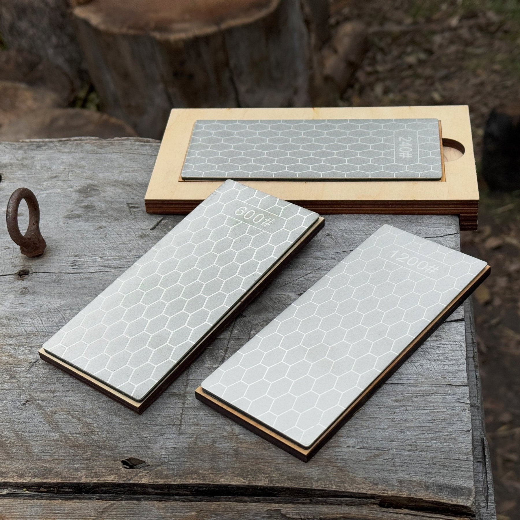 Diamond Sharpening Stone Set with Wooden Stand – 240 / 600 / 1200 Grit