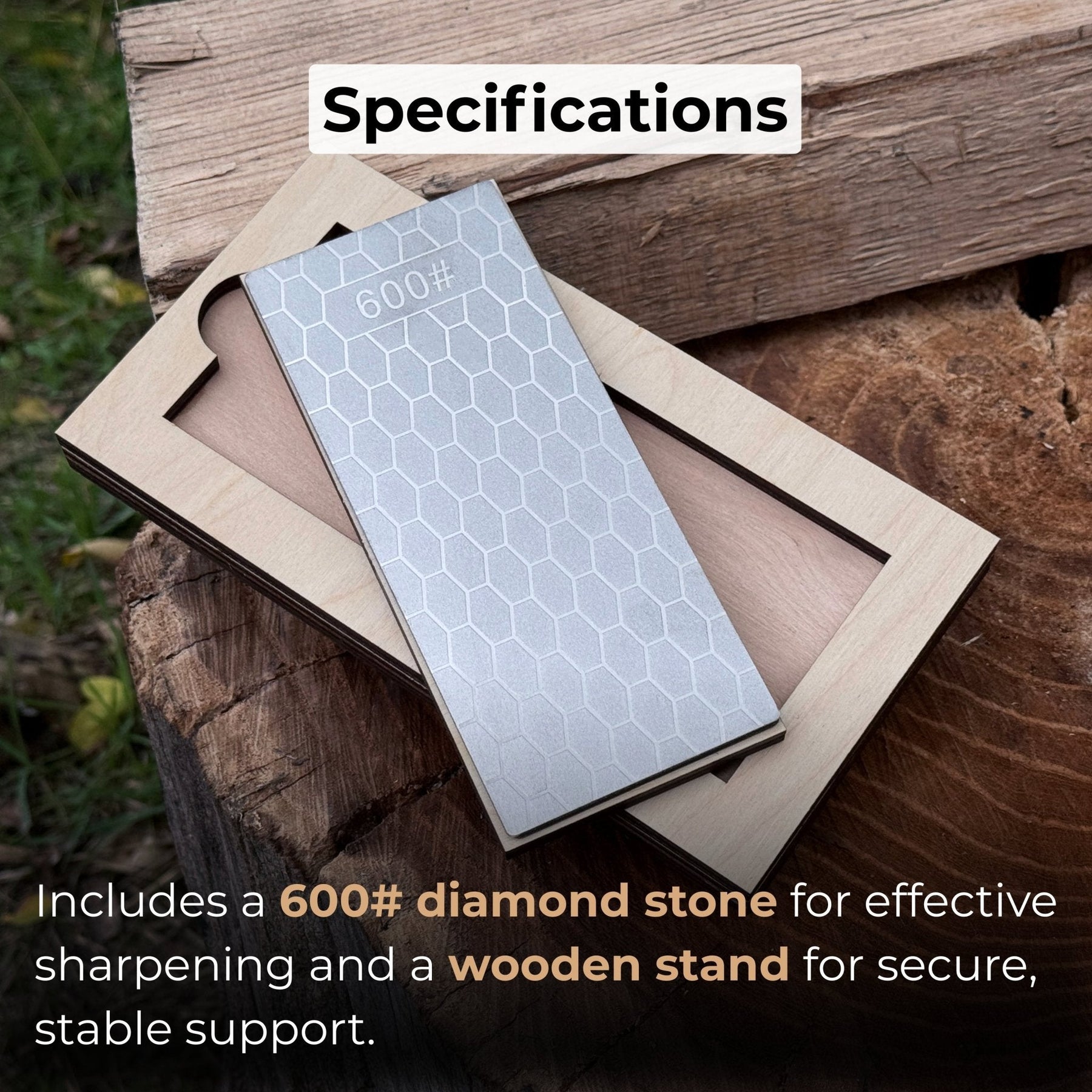 Diamond Sharpening Stone with Wooden Stand – 600 Grit for Knives & Tools detail view by Sharky Forged Steel Tools