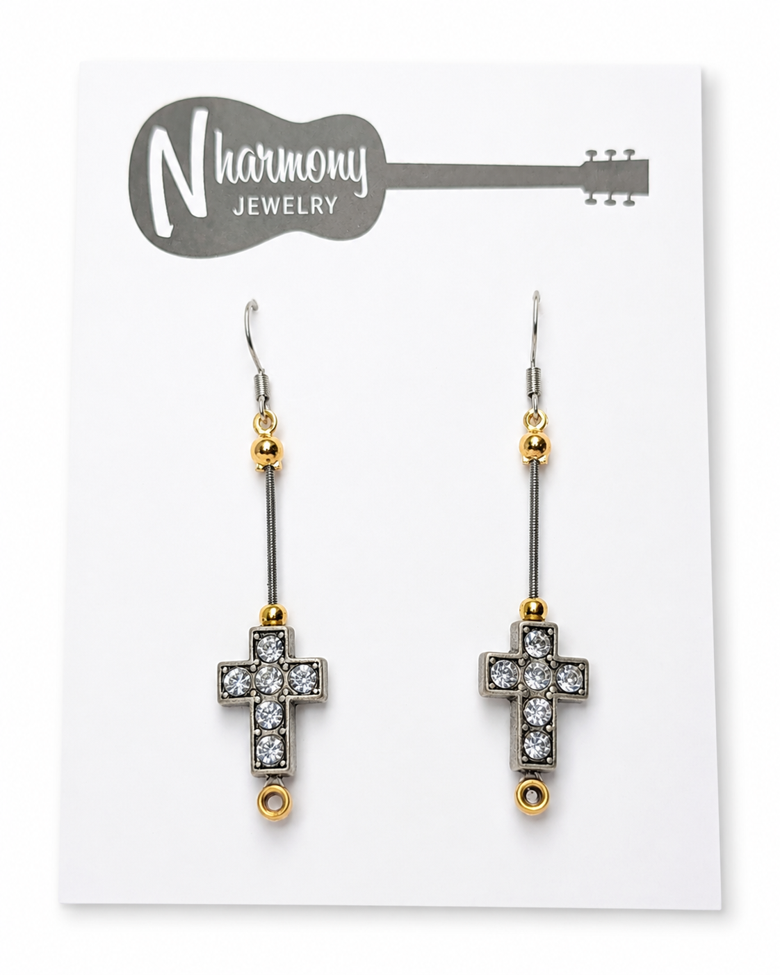 Silver Rhinestone Cross Guitar String Earrings by N Harmony Jewelry, handmade jewelry detail photo 3