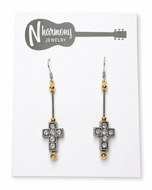 Silver Rhinestone Cross Guitar String Earrings by N Harmony Jewelry, handmade jewelry detail photo 3