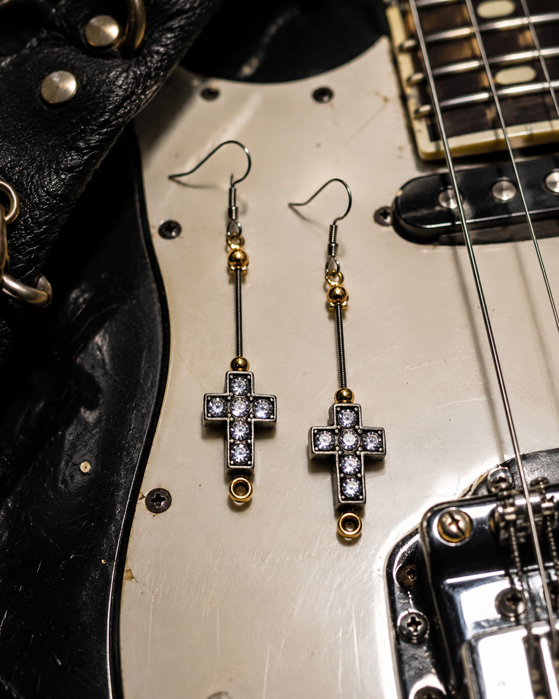 Silver Rhinestone Cross Guitar String Earrings by N Harmony Jewelry, handmade jewelry detail photo 2
