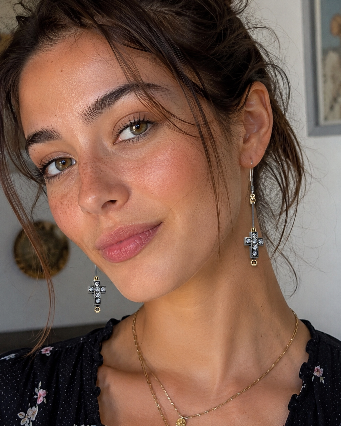 Silver Rhinestone Cross Guitar String Earrings by N Harmony Jewelry, handmade jewelry main product photo