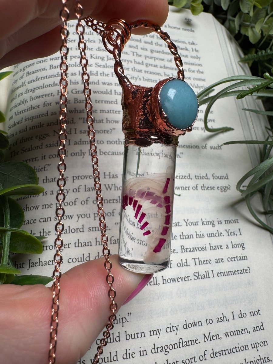 Diaphonized Rat Ribcage and Amazonite Oddity Necklace detail view by Copper Ashes