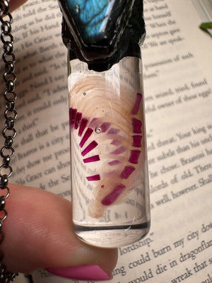 Diaphonized Rat Ribcage and Labradorite Coffin Oddity Necklace detail view by Copper Ashes