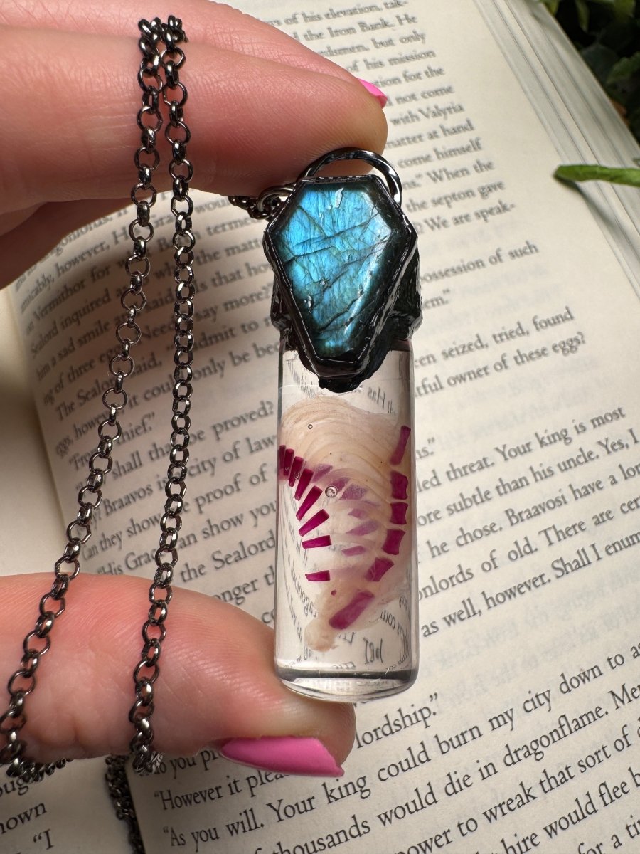 Diaphonized Rat Ribcage and Labradorite Coffin Oddity Necklace detail view by Copper Ashes