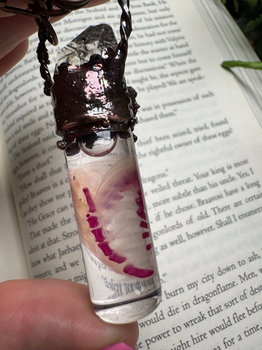 Diaphonized Rat Ribcage, Rose Quartz and Quartz Diamond Oddity Necklace detail view by Copper Ashes
