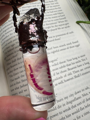 Diaphonized Rat Ribcage, Rose Quartz and Quartz Diamond Oddity Necklace detail view by Copper Ashes