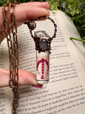 Diaphonized Rat Ribcage, Rose Quartz and Quartz Diamond Oddity Necklace detail view by Copper Ashes