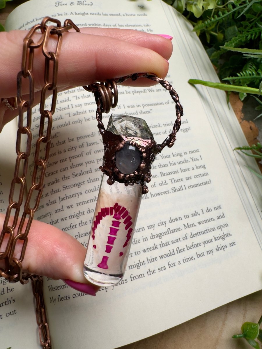 Diaphonized Rat Ribcage, Rose Quartz and Quartz Diamond Oddity Necklace by Copper Ashes