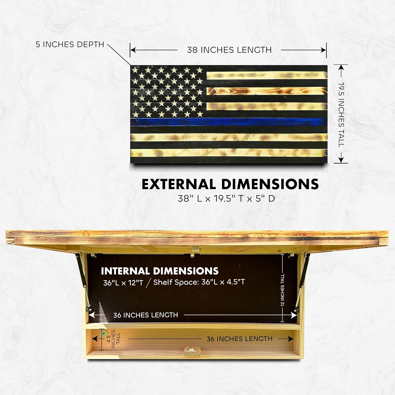 Large Thin Blue Line American Flag Gun Safe - Quick Access Hidden Gun Safe for Rifles, Shotguns, & Handguns - Gun Concealment Furniture with Magnetic by Bellewood Designs