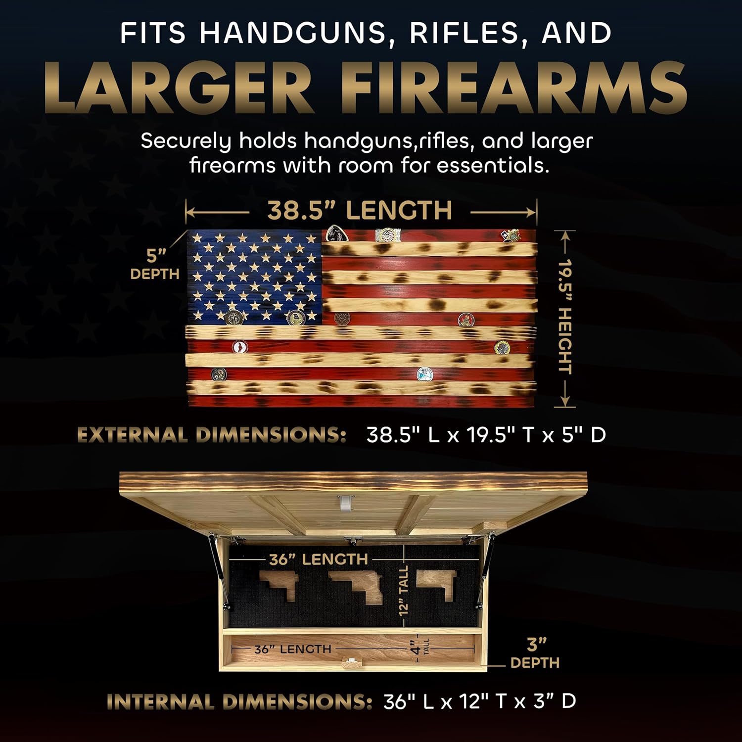 American Flag Challenge Coin Display and Hidden Gun Cabinet, Military Coin Holder Holds 100 Coins and is Ready to Hang, Large US Flag Patriotic Art 38 by Bellewood Designs