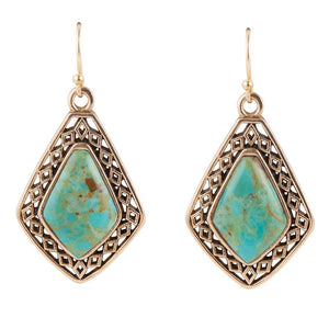 Dimond Blue Turquoise Stone Golden Drop Earrings by Barse Jewelry