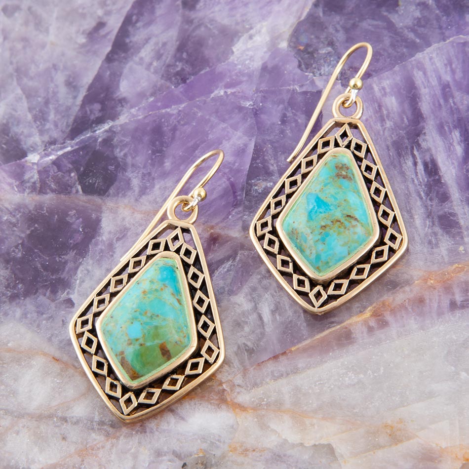 Dimond Blue Turquoise Stone Golden Drop Earrings detail view by Barse Jewelry